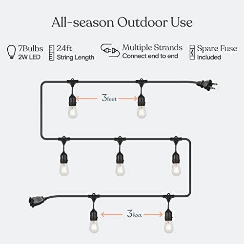 Brightech Ambience Pro - 24 Ft Waterproof LED Outdoor String Lights - Hanging, Dimmable 2W Vintage Edison Bulbs - Commercial Grade Patio Lights Create Cafe Ambience in Your Backyard, 7 Bulbs - style: 24 Foot - Neutral White (3000K)