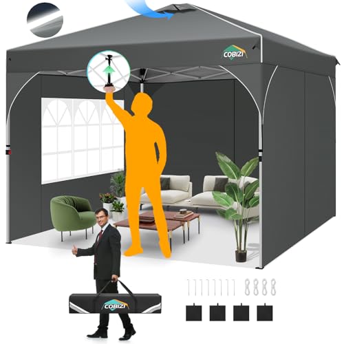 COBIZI 10x10 Pop Up Canopy Tent, Outdoor Party Tent with 3 Sidewalls, 1 Person Easy Set up, Tents for Parties with Fluorescent Strip & 4 Sandbags, Waterproof UPF50+, 3 Adjustable Height, Gray - color: Gray, size: 10x10FT
