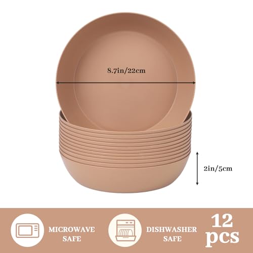 12-Pack 8.6 Inch Plastic Salad Bowls,Lightweight Unbreakable Dinner plates for Daily Use, Microwave & Dishwasher Safe Plates,Plastic Plates for Camping, Outdoor, food, Fruit (Brown) - color: Brown, size: 8.6 Inch