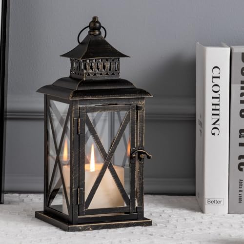 Lantern Decorative Indoor & Outdoor, Large Hanging Candle Lanterns Home Decor, Vintage Metal Candle Holders for Front Porch Patio Wedding Party, Halloween Christmas Decorations (Black) - color: Black / 14.8'' / 1 Pc