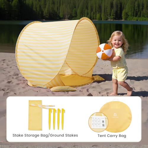 Tiny Land Baby Beach Tent – Pop Up Baby Tent with UV Protection, Portable Baby Beach Essentials, 35.4"x27.6"x31.5" Sun Shelter for Infants, Baby Summer Outdoor Use (Pastel Yellow Stripes) - color: Pastel Yellow Stripes