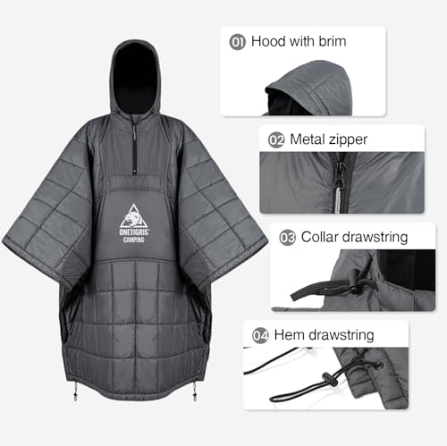 ONETIGRIS Camping Blanket Poncho with with Recycled Synthetic Insulation,Wearable Hoodie Blanket | Ultralight Water-Resistant Warm Camping Blanket for Outdoor, Hiking, Stadium - color: 1pc-grey