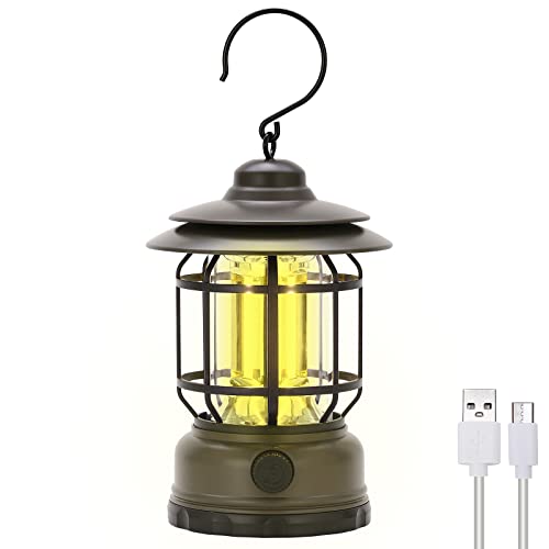 Camping Lanterns Rechargeable, Portable Electric LED Camping Lights Outdoor Hanging Tent Light Vintage Tabletop Lantern Decor Stepless Dimming Waterproof for Camping, Power Outages, Indoor (Green) - style: Green