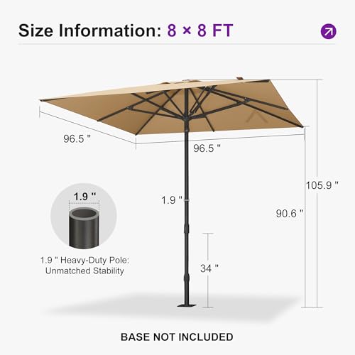 PURPLE LEAF 8' x 8' Square Semi-Auto Outdoor Patio Umbrella Aluminium Market Umbrella Table Sun Umbrella with 1.89" Rod and 8 Sturdy Ribs for Deck Lawn Pool Garden, Beige - color: Beige, size: 8' x 8'