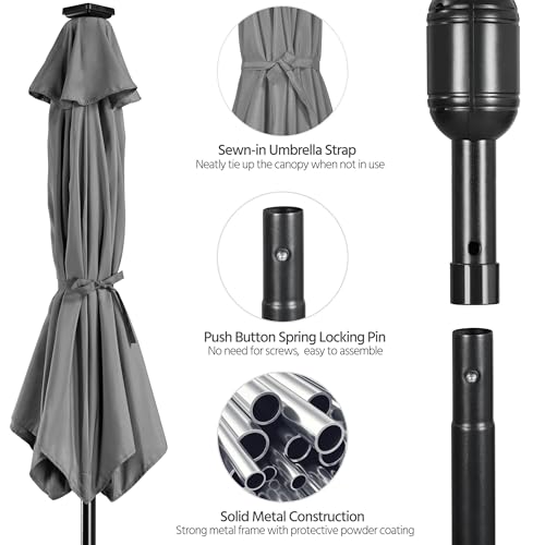 Yaheetech 11FT Solar Powered Umbrella Outdoor Patio Umbrella with 32 LED Lights and 8 Ribs - UV Protection Table Sunshade for Pool, Deck, Yard, Gray - color: Gray, size: 11FT