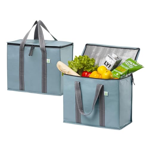 VENO 2 Pack Cooler Bag and Insulated Grocery Bags for Food Delivery, Collapsible Cooler. Reusable Shopping Bags for Groceries with Hard Bottom, Zippered, Foldable, Heavy-Duty (Light Blue, 2 Pack) - color: Light Blue, size: 15.7"W x 12.6"H x 8.7"D - 2 Pack