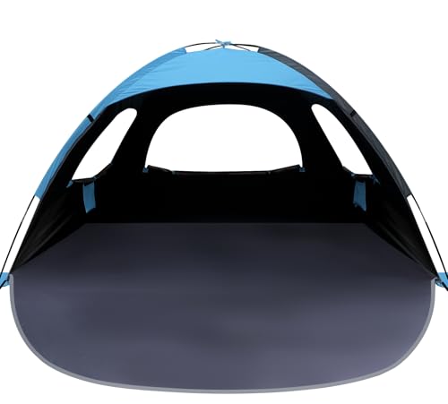 WhiteFang Beach Tent Anti-UV Portable Sun Shade Shelter for 3/4/6/8 Person, Extendable Floor with 3 Ventilating Mesh Windows Plus Carrying Bag, Stakes and Guy Lines - color: Blackout Shelter-Blue, size: 3 Person