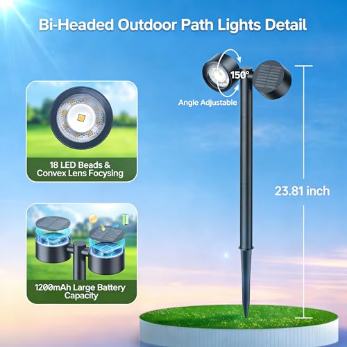 24 Inch Tall Solar Pathway Lights Outdoor, 2X Brighter & 150° Adjustable Dual-Head, IP65 Waterproof, Up to 15Hrs Auto On/Off Solar Landscape Path Lights for Yard Garden Driveway, 4 Pack - size: 4 Pack