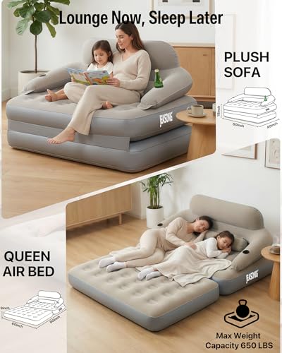 JEASONG Blow Up Couch Air Mattress Queen with Built in Pump, 2-in-1 Air Sofa & Inflatable Mattress, AirBed Blow Up Mattress with Headboard & Cupholder, Inflatable Couch for Camping, Movie Night, Guest