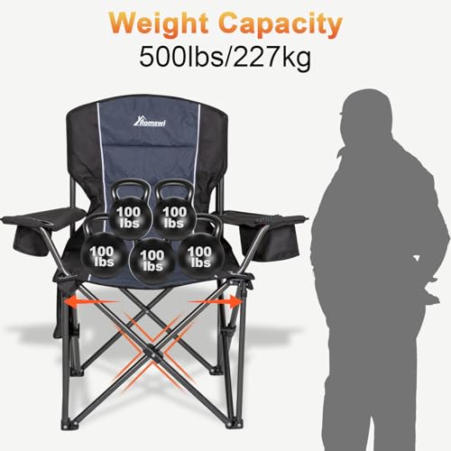 Romswi Oversized Camping Chairs,Heavy Duty Support 500 LBS,Padded Back & Arm Sport Chairs, Cup Holder Cooler Bag, Collapsible Folding Chairs for Outdoor, Fishing & Garden, Black,2-Pack - color: Black