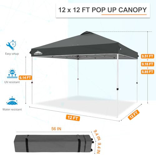 EAGLE PEAK Pop Up Canopy Tent with Wheeled Carry Bag, 8 Stakes, 4 Ropes, 4 Weight Bags, Easy Set Up Tent Canopy, 12x12 ft, 144sqft of Shade, Gray - color: Gray, size: 12x12