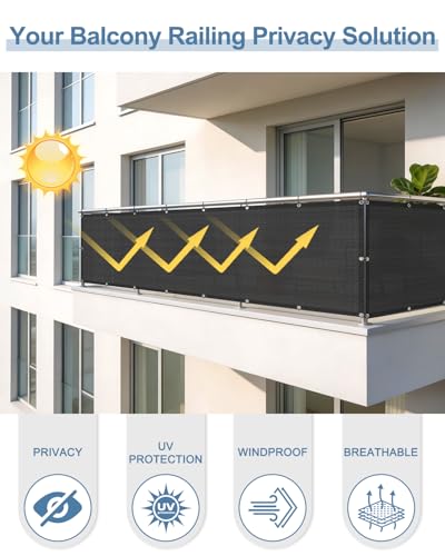 Cool Area 3'x10' Black Balcony Privacy Screen Fence Cover HDPE Mesh Fabric with Grommets UV Protection Weather-Resistant Wind Screen for Outdoor, Backyard, Deck, Porch, Patio, Apartment Railing - color: Black, size: 0 3' x 1 0'