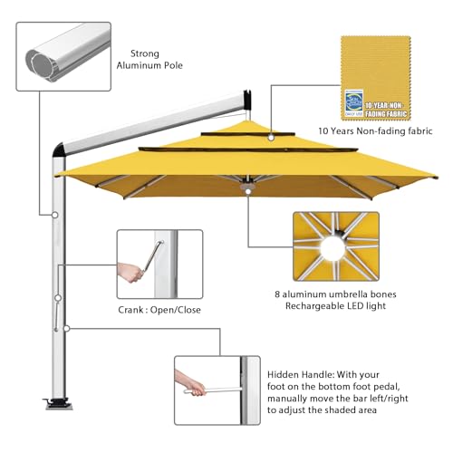 EliteShade USA Atlas 3-Tier 10x10FT Full Aluminum Cantilever Patio Umbrella for Outdoor Restaurant Garden Courtyard Deck Pool and Marketing with Light (No battery), Sunflower Yellow - color: Sunflower Yellow, style: 10FT Atlas