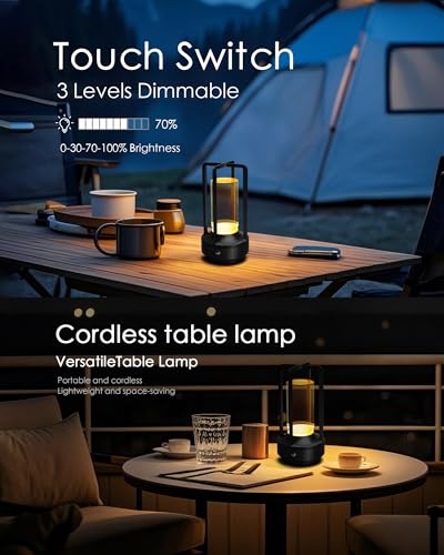 Set of 2 Cordless Table Lamps, LED Rechargeable Battery Operated Desk Lamps with 3 Color Stepless Dimmable, Small Light Portable for Outdoor Patio Bar Restaurants Bedroom Bedside (Black) - color: Black-2