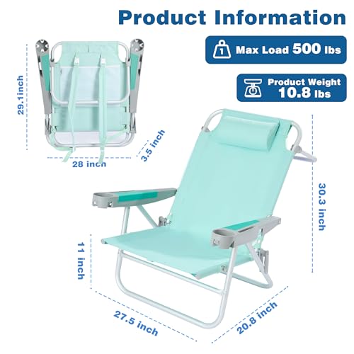 SUNNYFEEL Extra Wide Low Beach Chair 2 Pack 5 Position Lay, XL Oversized Portable Folding Camping Chairs with Cup Holder for Outdoor/Sand, Foldable Backpack Beach Chair for Adults Heavy Duty 500 LBS - color: Teal, size: 2-PACK