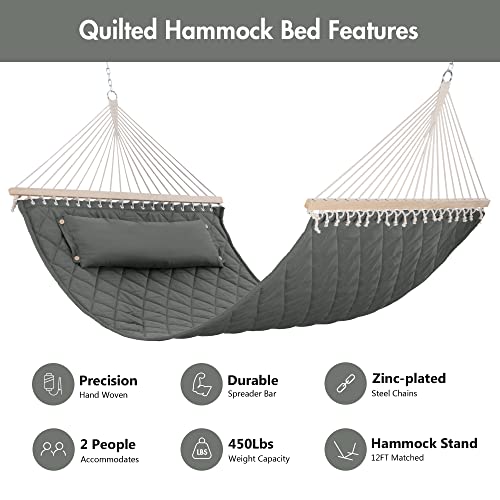 ANOW 2 Person Hammock with Spreader Bars and Detachable Pillow, Quilted Hammock for Outdoors Indoors, 450 LBS Weight Capacity, Gray - color: Grey, size: 2 Person Without Stand