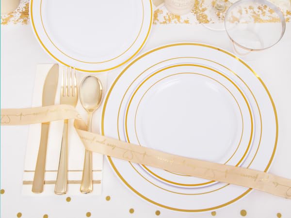 GATHER 176 Pieces Gold Dinnerware Disposable - White and Gold Plastic Plates Includes 50 Plates, 25 Plastic Silverware, 25 Napkins, 25 Cups and 1 Tablecloth for Wedding Party - color: Gold, size: 25 Guests