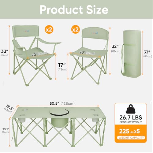 5 Pcs Camping Chair and Folding Camping Table Set, Outdoor Folding Picnic Chairs Lawn Portable Camp Table with Cooler Bag & Cup Holder for Camping, Fishing, Sporting Events, Support 500lbs, Green - color: Green