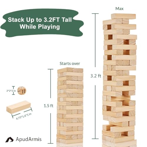 ApudArmis 54 PCS Tumble Timber Set [Up to 3.2FT], Pine Wooden Tumble Tower Game with Dice and Scoreboard Set - Classic Block Stacking Board Game for Teens Adults - color: Burlywood, size: M-Stack to 3.2 FT