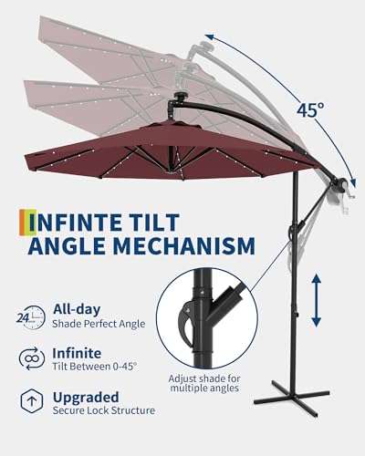 Jojoka 10FT Cantilever Patio Umbrella with Solar LED Lights - Offset Outdoor Umbrella - Easy Lift & Tilt - UV Protection - Fade Resistant - Ideal for Deck, Pool, Garden - color: Wine Red
