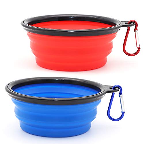 Dog Bowl Pet Collapsible Bowls, 2 Pack Collapsible Dog Water Bowls for Cats Dogs, Portable Pet Feeding Watering Dish for Walking Parking Traveling with 2 Carabiners (Small, Blue+Red) - color: Blue+Red, size: Small