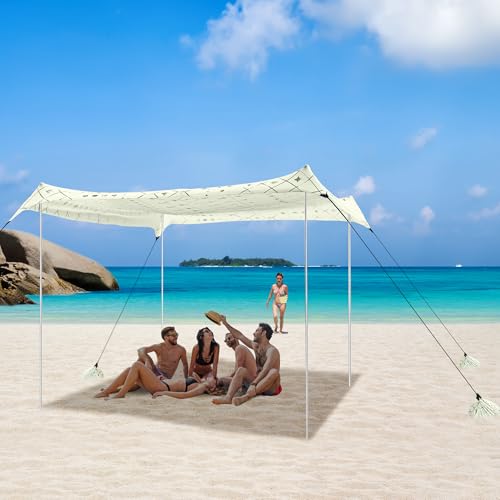 Beach Tent, Beach Canopy Sun Shade UPF 50+, Portable 10×10 FT Camping Sun Shelter with Sandbags, Poles, Ground Pegs and Anti-Wind Rope for Outdoor, Backyard, Picnics, Fishing - color: Geometry Cream