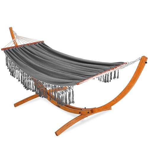 Lazy Daze Hammocks 2 Person Cotton Fabric Hammock with Spreader Bars and 10.5 FT Wood Arc Hammock Stand, Double Hammock with Wood Stand, for Outdoor, Indoor, Patio, Backyard, Dark Gray - color: Dark Gray