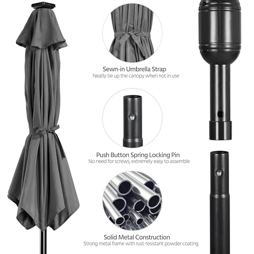 Yaheetech 9FT Solar Powered Patio Umbrella - UV Protection Market Table Umbrella w/ 32 LED Lights & Push Button Tilt & Crank Lift System for Garden/Lawn/Deck/Backyard/Pool, Gray - color: Gray, size: 9ft