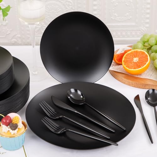 EI 150pcs Black Plastic Plates Frosted Plastic Plate,Premium Heavy Duty Black Plastic Plates,Black Disposable Plates with Plastic Silverware,10.25" Dinner Plates and 7.5" Dessert Plate Wedding Party - color: Black Frosted Plastic Plates