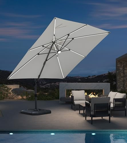 PURPLE LEAF 10 Feet Patio Umbrella Outdoor Cantilever Solar Powered LED Square Umbrella Aluminum Offset Umbrella with 360-degree Rotation for Garden Deck Pool Patio White - color: White, size: 10' X 10', style: Standard（LED）