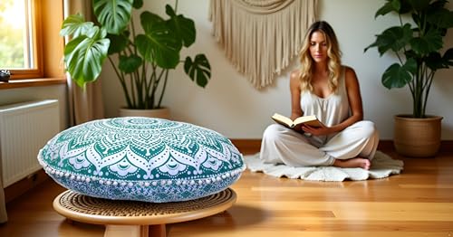 CRAFT KALA 32 Inch Meditation Floor Pillow Cover Round Pillow Seating Hippie Decorative Adults Bohemian Mandala Cushion Cover Outdoor Living Room Throw Ottoman Poufs Cover (Green Ombre) - color: Green Ombre