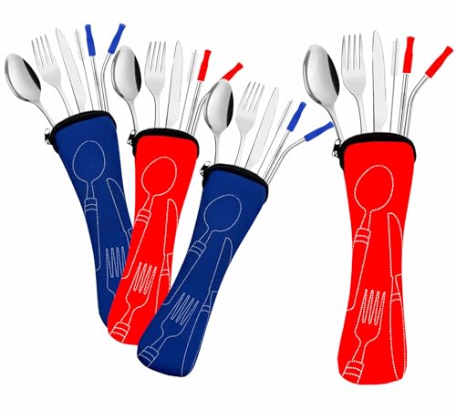 Travel Utensils Set with Case 4 Pack, Reusable Stainless Steel Portable Cutlery (Fork, Spoon, Knife, Straws & Cleaner) for Work, Dorm, Camping, Lunch Box, Compact Durable Silverware by Ecoberi - color: Blue-Red