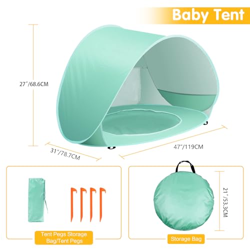 Baby Beach Tent with Pool, Pop Up Sun Shelter UPF 50+ UV Protection for Infant Toddlers, Portable Shade Tent with Carry Bag for Beach Outdoor Travel - color: Mint Green