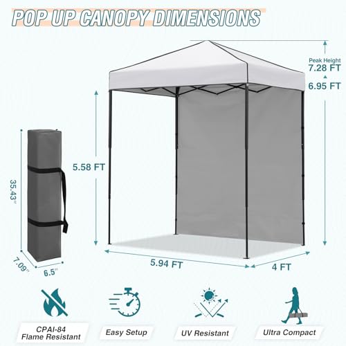EAGLE PEAK 6x4 Instant Pop Up Canopy Tent with 1 Side Wall Panel, Straight Leg Sun Shelter, Portable Canopy with Carry Bag for Camping, Beach & Sports, White - color: White, size: One Wall