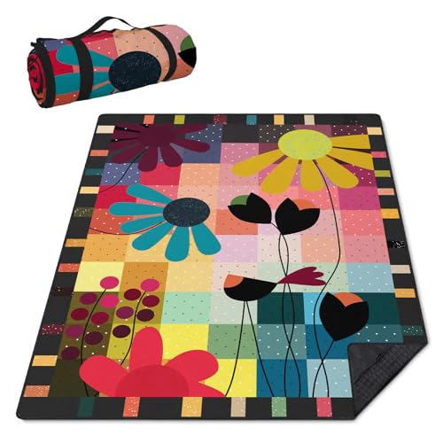 Abstract Floral Picnic Blankets Waterproof Foldable, 80″X80″ Thick Three Layer Picnic Mat Outdoor Blanket for Grass, Large Beach Blanket Sandproof Picnic Accessories for Camping Park Hiking - color: A10, size: 6'8" X 6'8" (Square)
