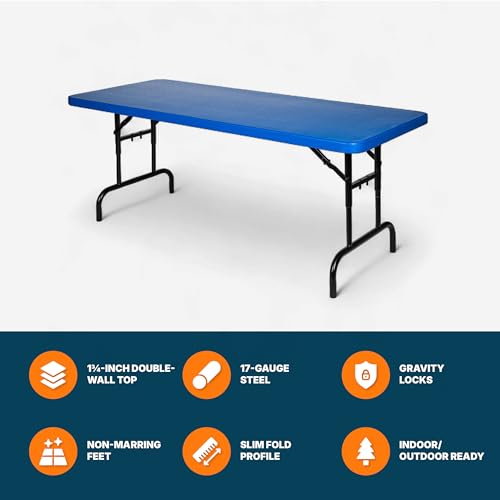 OEF Furnishings OEFBTA-3072-04 Adjustable-Height Commercial-Grade Premium Industrial Folding Table, 6-Foot Pedestal-Leg Design with 17-Gauge Steel Frame and Thick Double-Wall Top (72" × 30", Blue Top) - color: Blue
