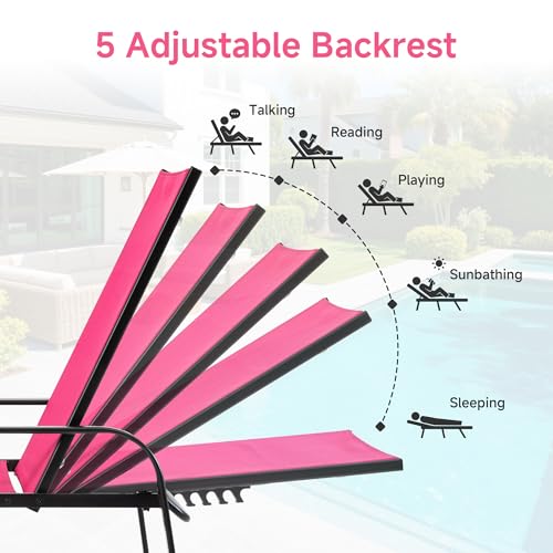 DUMOS Outdoor Lounge Chaise, 5-Position Chaise Lounge with Armrests, Sun Tanning Chair 350 lbs Heavy Duty Patio Pool Chair, Waterproof Sun Lounger for Deck, Backyard, Beach & Poolside, Pink - color: Light Pink