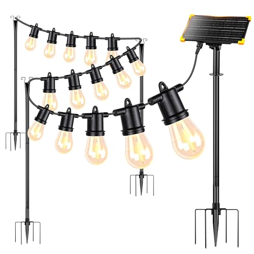 4 Pack Outdoor String Light Poles with Solar Panel & 590 Inch LED String Lights, Heavy Duty Metal Light Pole for Patio, Backyard, Garden, Wedding, Party & Front Porch Decor