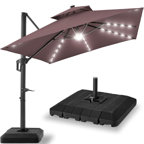 Best Choice Products 9x12ft LED Cantilever Patio Umbrella w/Base Included & 360° Rotation, Large Solar Offset Hanging Outdoor Sun Shade for Deck, Backyard Table w/Stand & Lights – Deep Taupe - color: Deep Taupe, size: 9x12ft