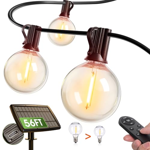 addlon 56FT(50+6) Solar String Lights for Outside G50 Waterproof with USB Port Patio Outdoor Solar Powered with 27 LED Bulbs 3 Light Modes for Backyard Porch Garden Market Bistro Camping - size: 56FT