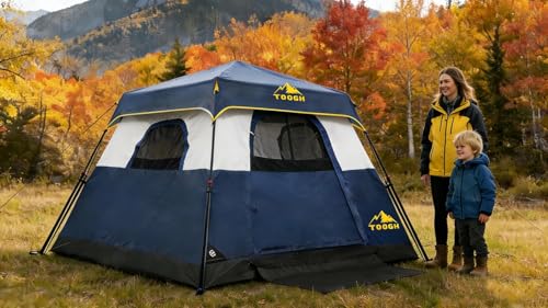 3/4 Person Camping Tent with 1 Door, 4 Windows, and Upgraded Ventilation– Instant Setup, Waterproof, 8'x 8'x 67''Oxford Fabric Floor Pop Up in 60 Seconds Includes Rainfly and Backpack - color: 4 Person -Dark Blue