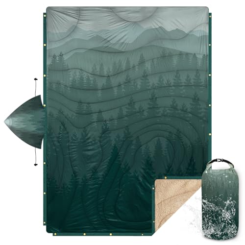 Outdoor Camping Blanket with Sherpa Lining, Extra Warm Thick Camp Blankets and Puffy Ultralight Soft Poncho DWR Camping Quilt for Cold Weather, Adventure, Sleeping, Backpacking 78"x 56" - color: Hooded - Pale Green, size: 78 X 56 Inches