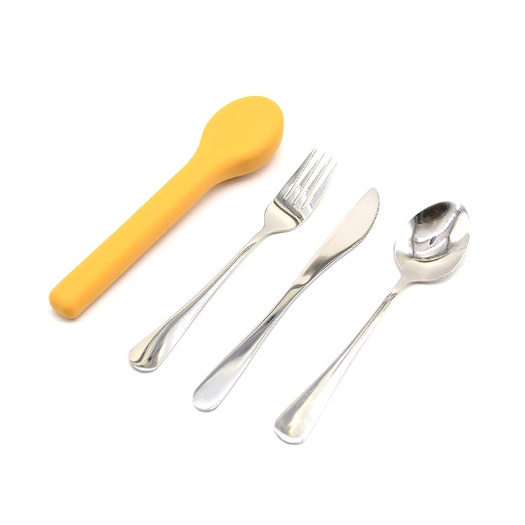 Portable Silverware Utensils Set with Silicon Case (Twilight Winter Yellow), 3 pcs Stainless Steel Cutlery Set (Fork Spoon Knife) For Camping School Picnic Office Travel - color: Twilight Winter Yellow