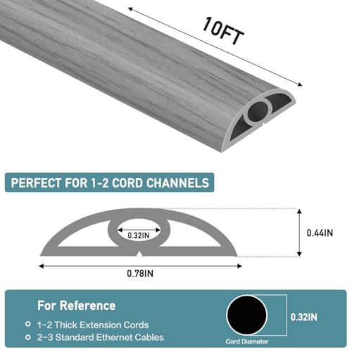 Floor Cord Cover Self Adhesive Cord Hider Floor Extension Cord Covers for Floor Power Cord Protector Cable Management Prevent Cable Trips Cable Cavity 0.32" W x 0.32" H (Light Grey Wood, 10Ft) - color: Light Grey Wood, size: 0.79" x 10'