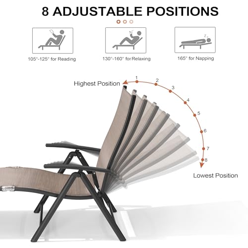Crestlive Products Chaise Lounge Chair Outdoor Set of 2, Aluminum Folding Patio Recliner Chair, Adjustable 8 Positions Assemble-Free Perfect for Beach, Yard, Pool, Deck (Espresso) - color: Espresso, size: 2 Pcs