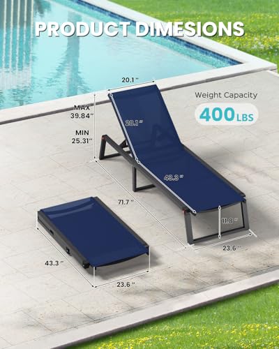 Aluminum Chaise Lounge Chair Outdoor, Foldable& No Assembly Patio Pool Lounge Chairs 5-Position Recliner for Outside, Fully Grounded Legs Sun Lounger for Poolside, Navy Blue, 2 Pack - color: Navy Blue, size: 2