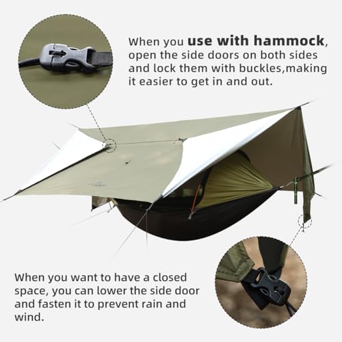 Ultralight Tarp, 14ft Hammock Rain Fly Lightweight Waterproof Camping Tent Tarp with Doors, Bushcraft Tarp Shelter for Backpacking Hiking Camping - color: Army