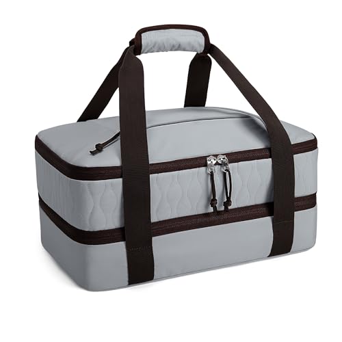 Trunab Insulated Casserole Carrier for Hot or Cold Food, Double Thermal Food Containers, Fit 9x13 Inches Baking Dish Foil Pans, For Picnic Cookouts, Potluck Parties, Beach,Beige (Grey) - color: Gray