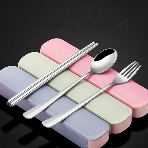 Travel Utensils with Case, Portable Camping Utensils, 3 Pcs Cutlery Set, Stainless Steel, Reusable Flatware Silverware, Include Fork, Spoon & Chopsticks with Case - color: Pink