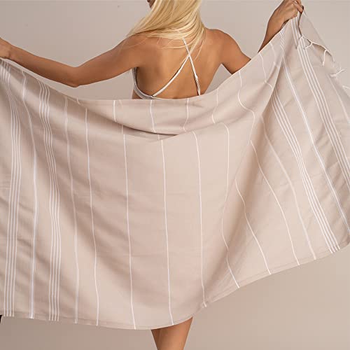 Hencely Turkish Beach Towel 37x68 Oversized, Sand-Free, Quick-Dry, Lightweight - Travel Essential for Pool & Bath - Striped 100% Cotton Bathroom Towels Accessories Gift (Beige) - color: Beige